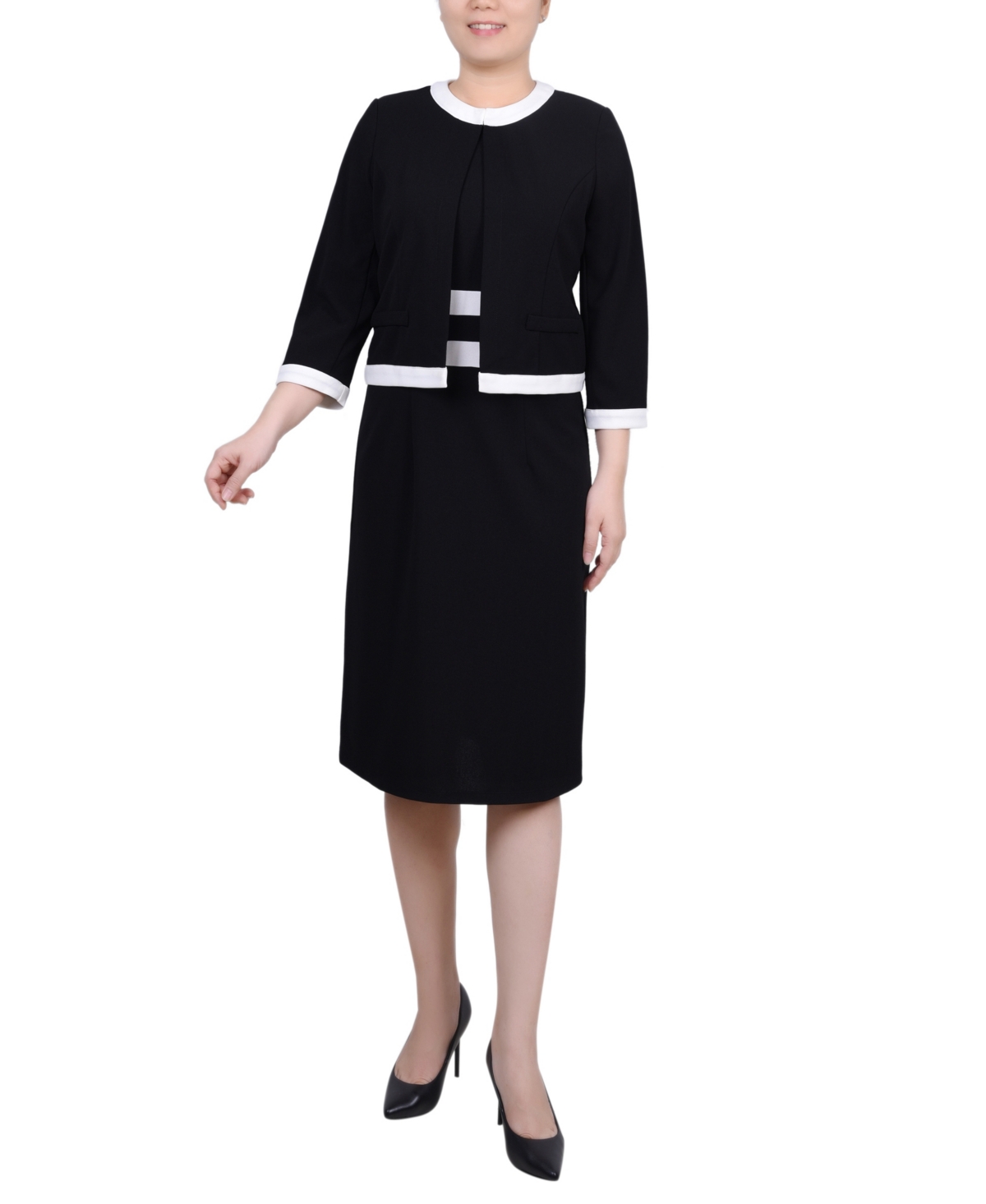 Ny Collection Women's Elbow Sleeve Colorblocked Dress, 2 Piece Set In Black,white