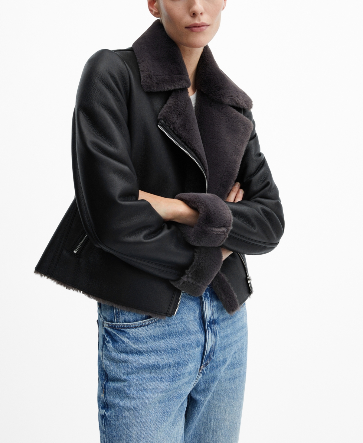 Women's Oversized Leather-Effect Jacket - Black