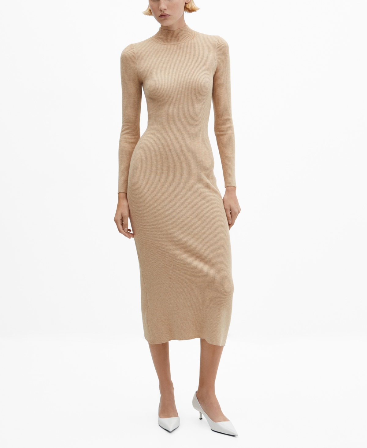 Shop Mango Women's Perkins-neck Ribbed Dress In Medium Brown