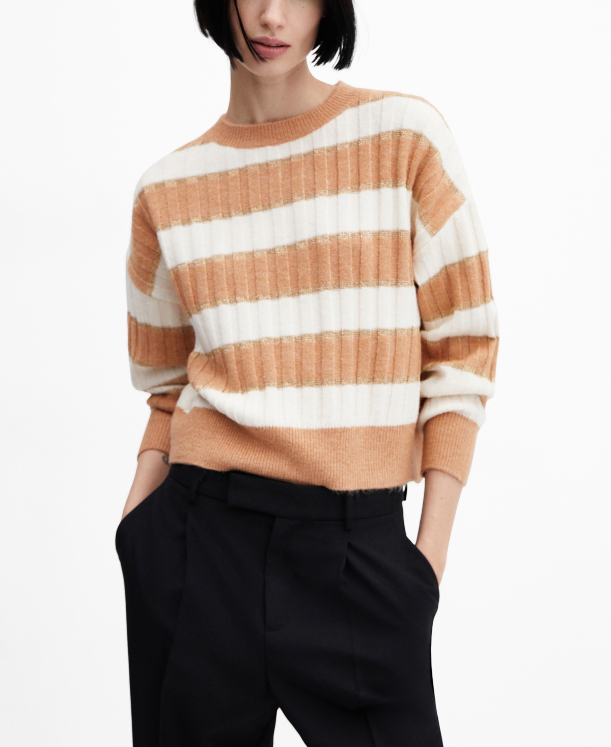 Mango Women's Round-neck Striped Sweater In Medium Brown