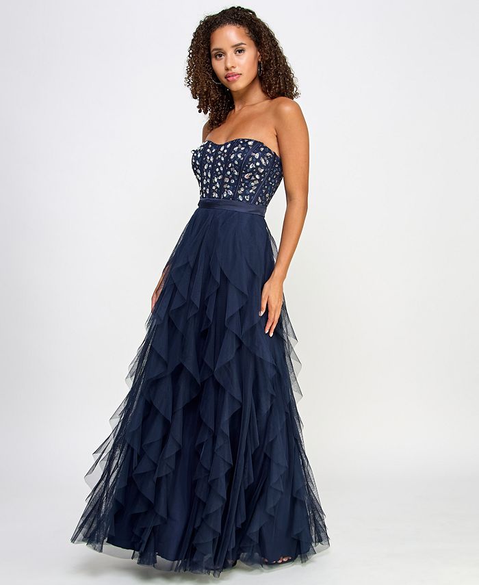 pear culture Juniors' Embellished Ruffled Strapless Gown - Macy's