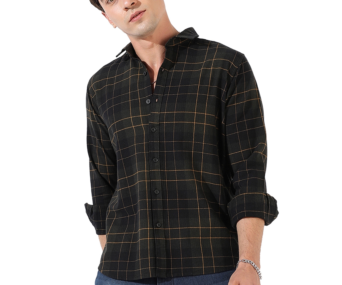 Campus Sutra Men'sCheckered Regular Fit Casual Shirt - Dark green