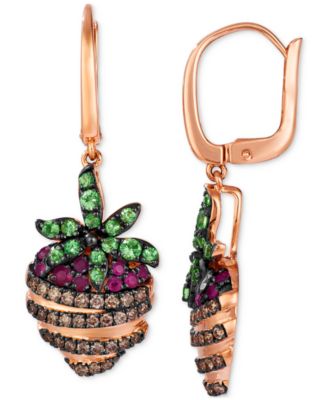 GODIVA x Le Vian&reg; Passion Ruby (1/4 ct. t.w.), Forest Green Tsavorite (1/2 ct. t.w.) & Chocolate Diamond (1/2 ct. t.w.) Chocolate-Covered Strawberry Drop Earrings in 14k Rose Gold