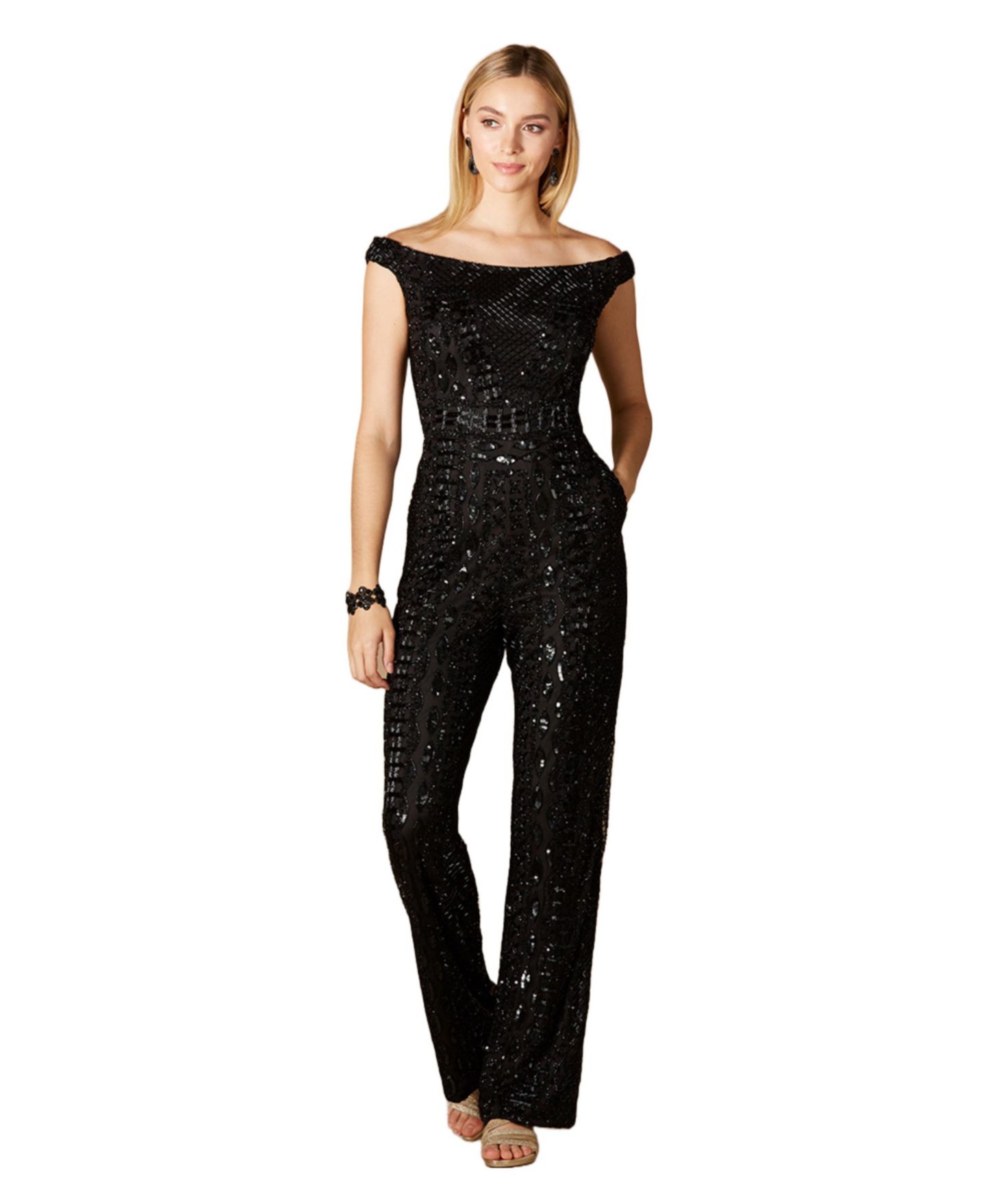 Женский комбинезон Lara Beaded Off Shoulder Jumpsuit, цвет: Чёрный — фото 1