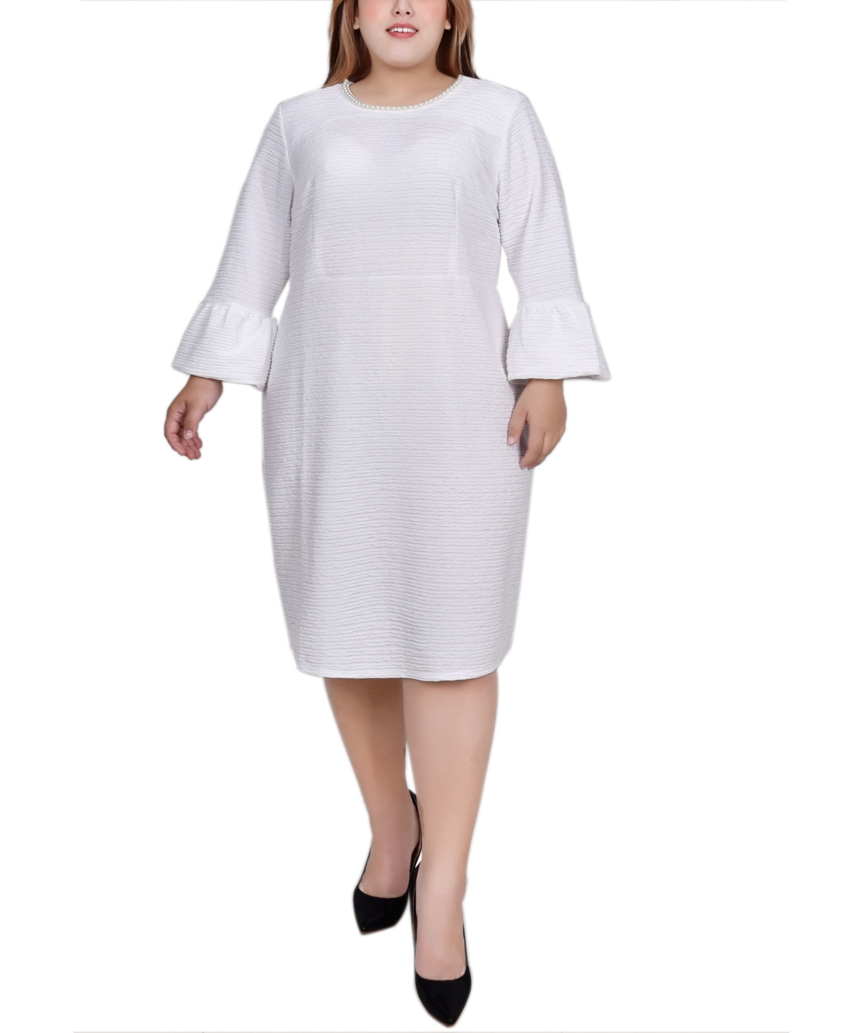 NY COLLECTION PLUS SIZE 3/4 LENGTH IMITATION-PEARL DETAIL DRESS