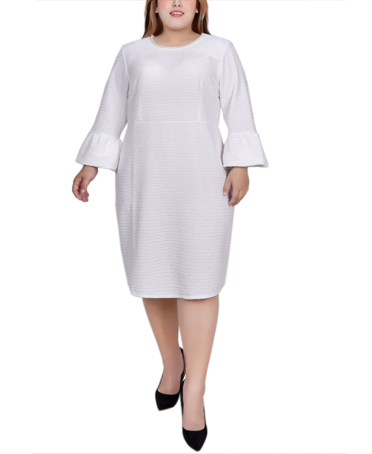 Ny Collection Plus Size 3/4 Length Imitation-pearl Detail Dress In White