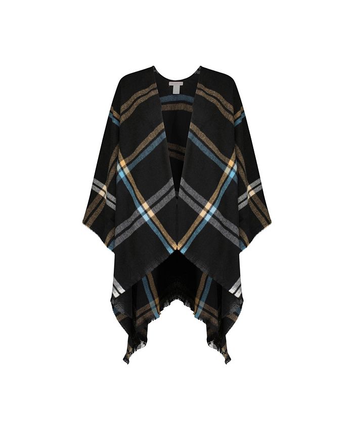 Rampage Women's Windowpane Plaid Woven Ruana Open Front Shawls