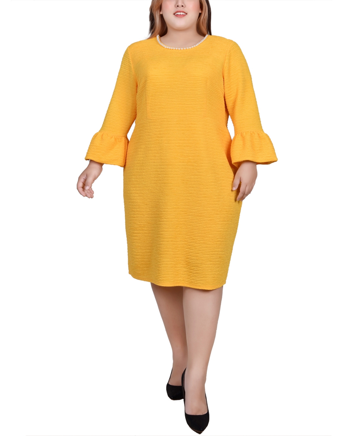 Ny Collection Plus Size 3/4 Length Imitation-pearl Detail Dress In Lemon
