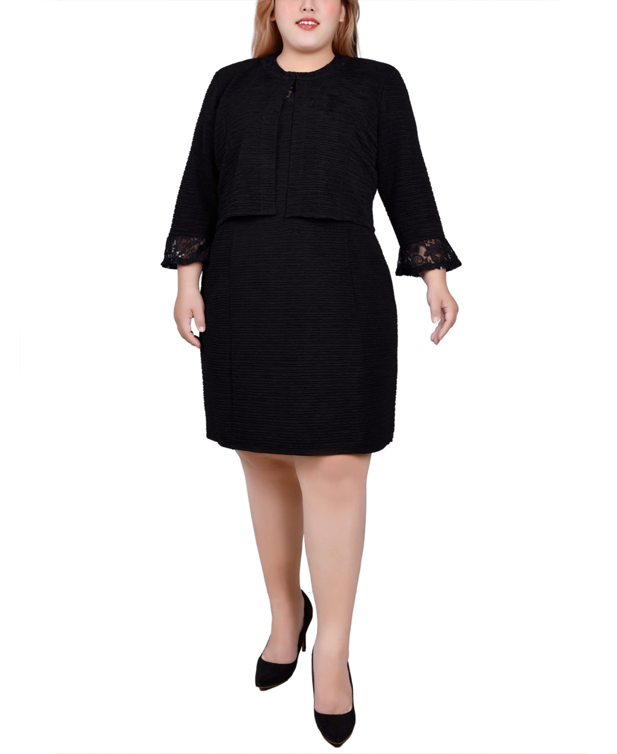 Ny Collection Plus Size Novelty Knit And Lace Dress, 2 Piece Set In Black