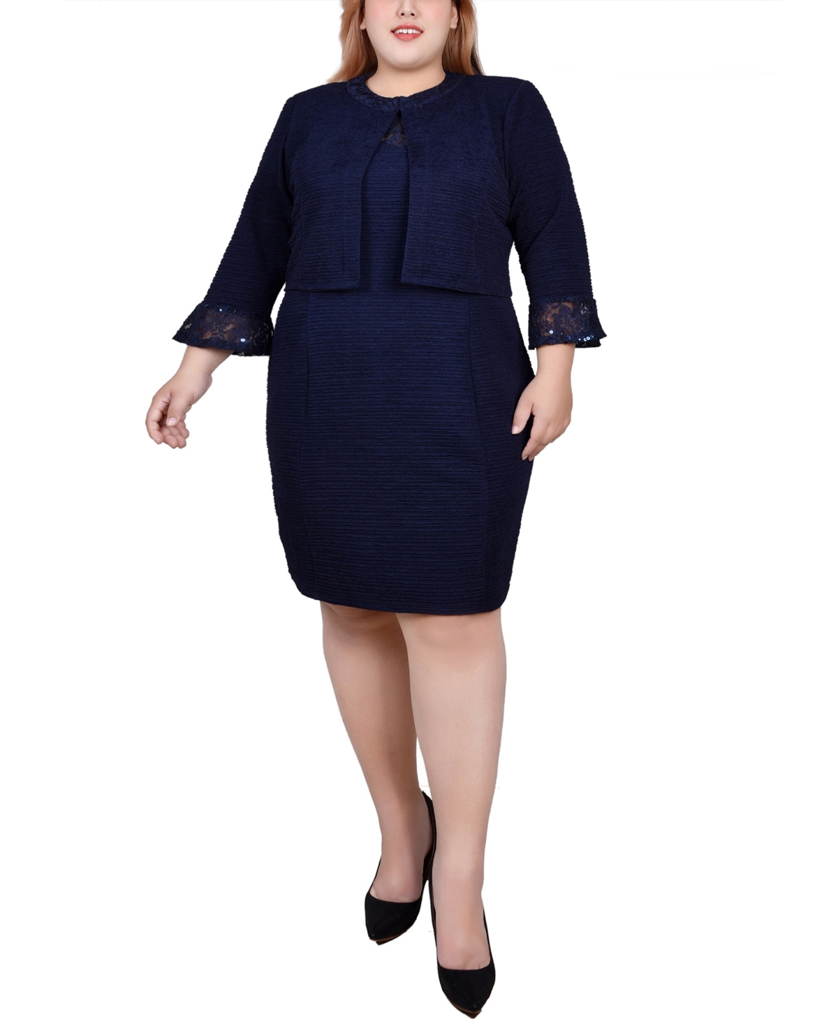 Ny Collection Plus Size Novelty Knit And Lace Dress, 2 Piece Set In Navy