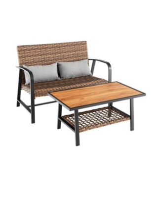 2 Pieces Patio Rattan Coffee Table Set with Shelf