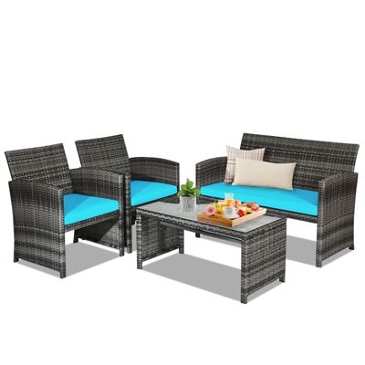 Outdoor Rattan Patio Set 4 Piece Sofa Seating with Glass Top Table