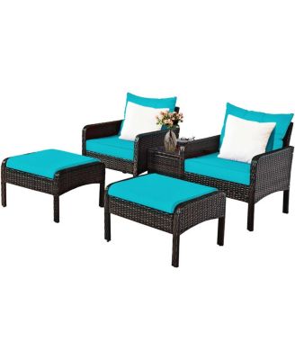 5 Pcs Patio Rattan Sofa Ottoman Furniture Set with Cushions
