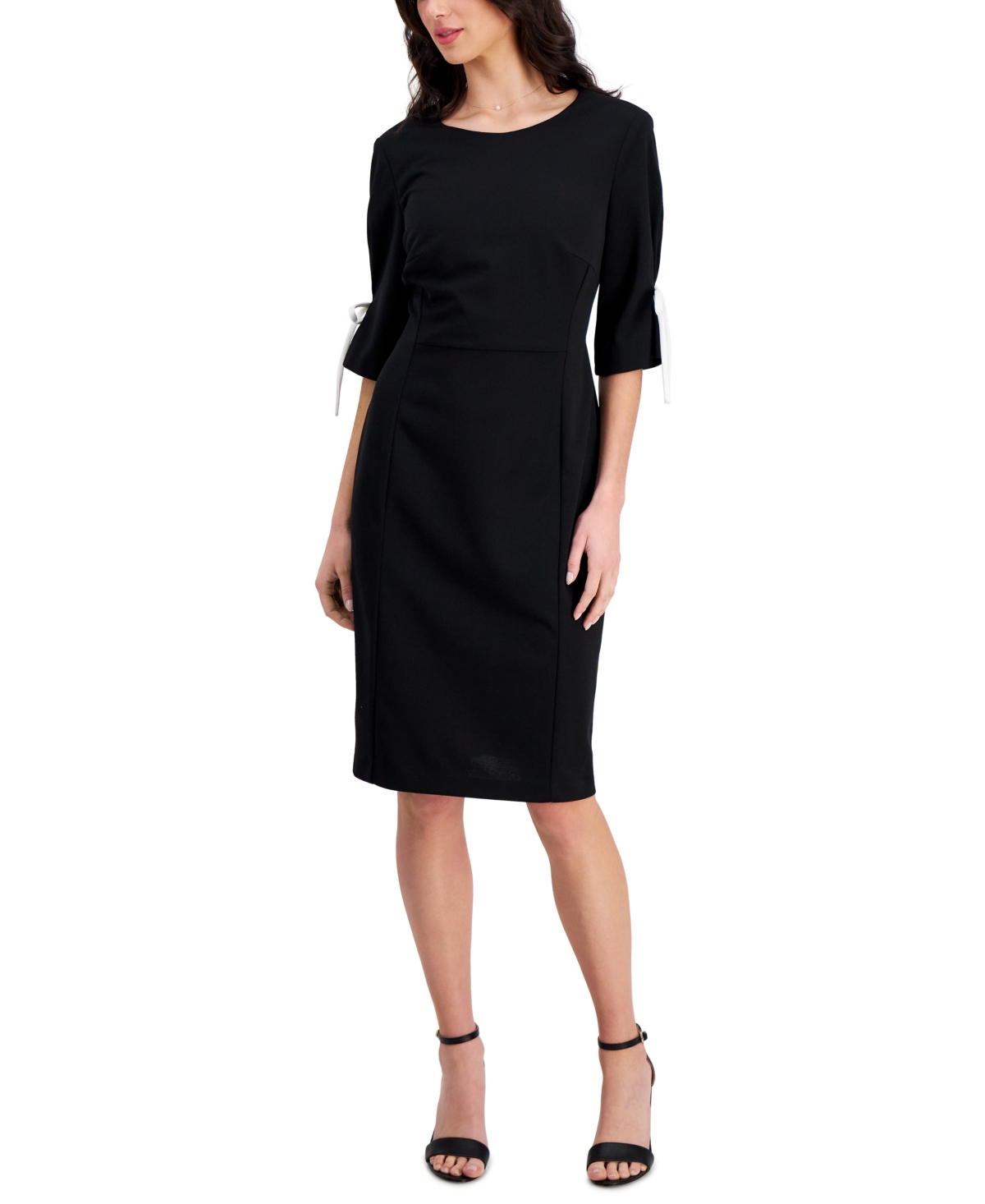 Connected Women's Round-neck Scuba Crepe Sheath Dress In Black,ivory