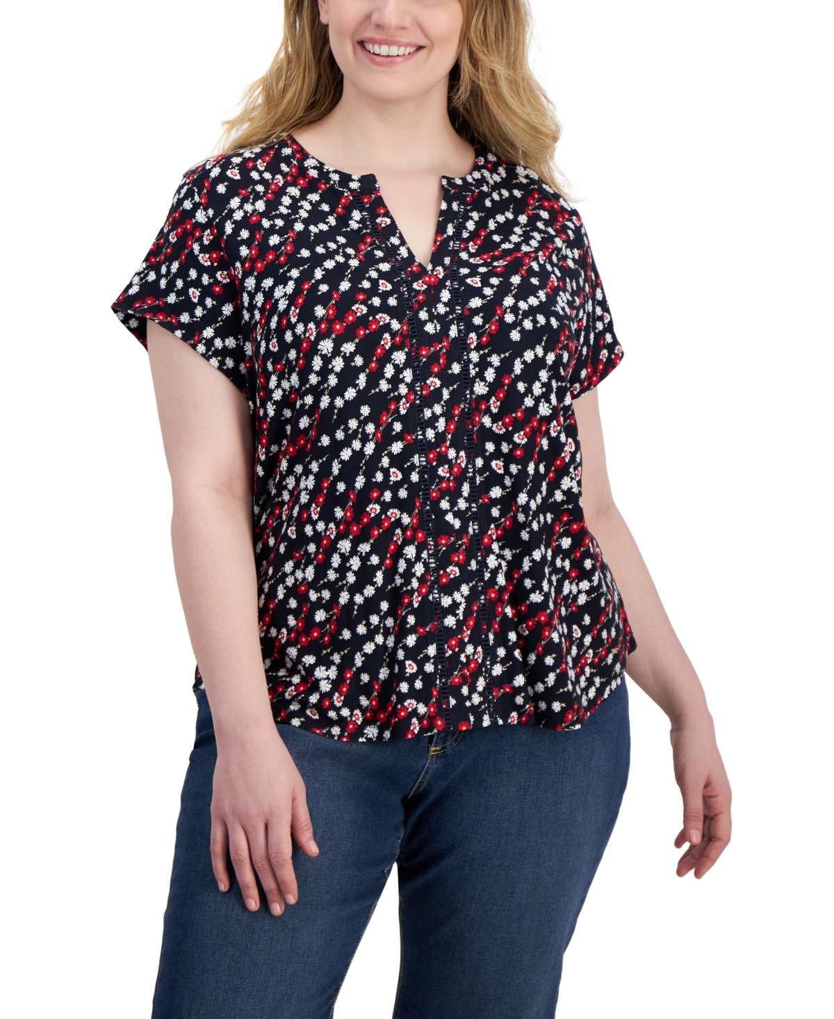 Plus Size Ditsy Floral Cap-Sleeve Top - Sky Captain Multi