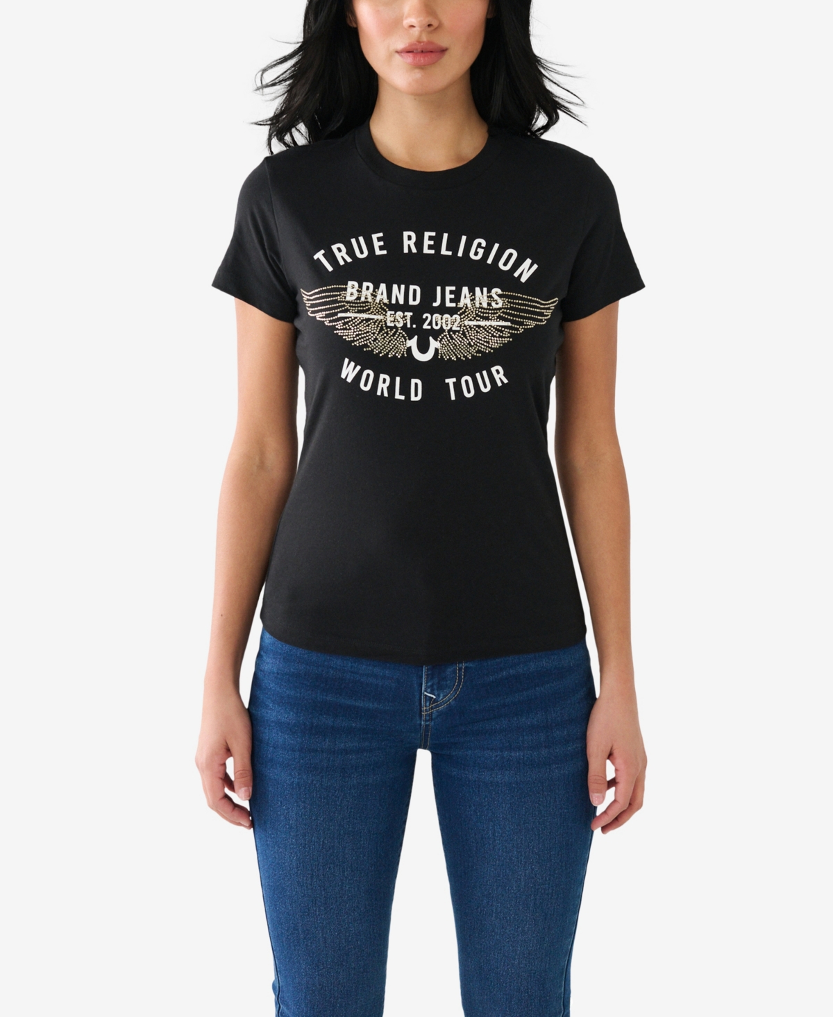 True Religion Women's Short Sleeve Retro Crystal Slim Crew T-shirt In Jet Black
