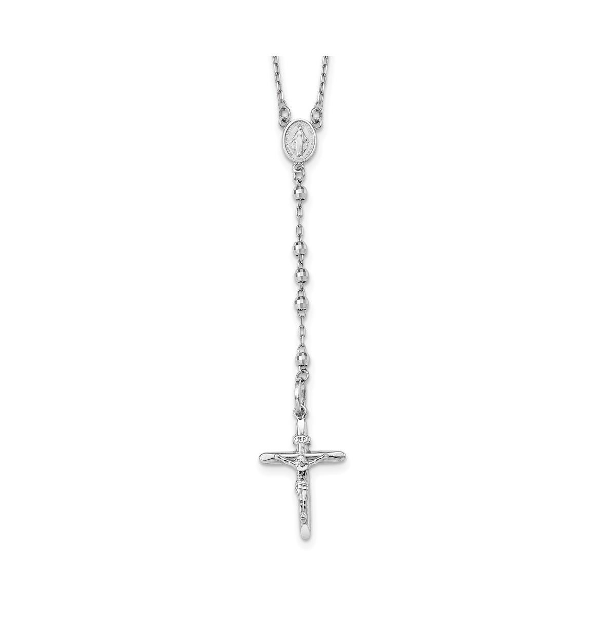 14k White Gold Diamond-cut Beaded Rosary Pendant Necklace 24" - Silver