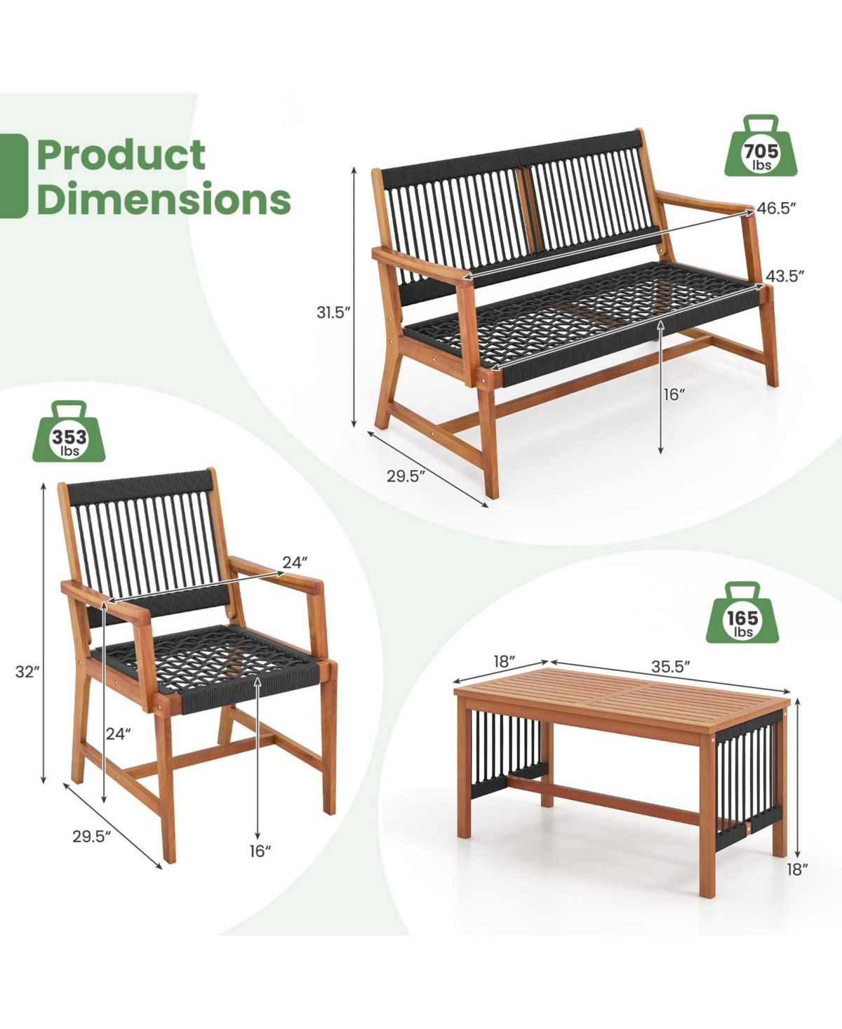 4 Pieces Acacia Wood Patio Conversation Table and Chair Set with Hand Woven Rope