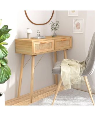 Console Table Brown 31.5"x11.8"x29.5" Solid Wood Pine Natural Rattan