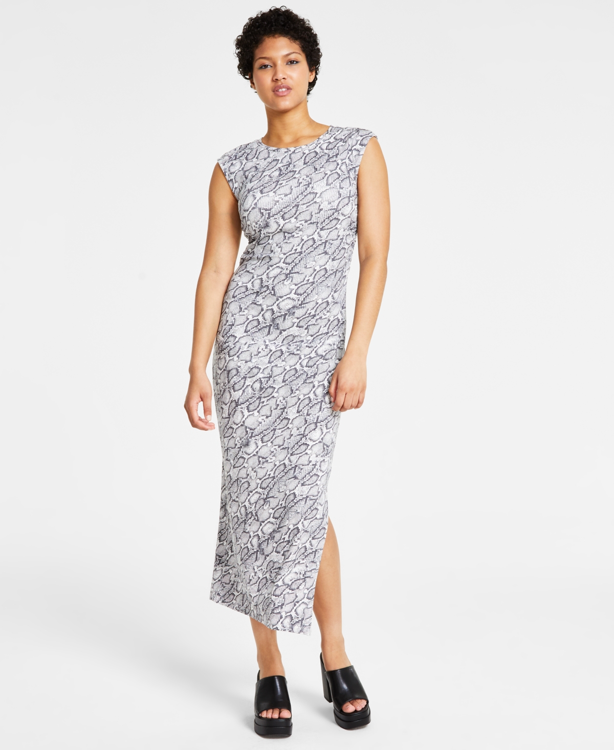Shop Bar Iii Petite Printed Side-ruched Midi Dress, Created For Macy's In Jess Snake