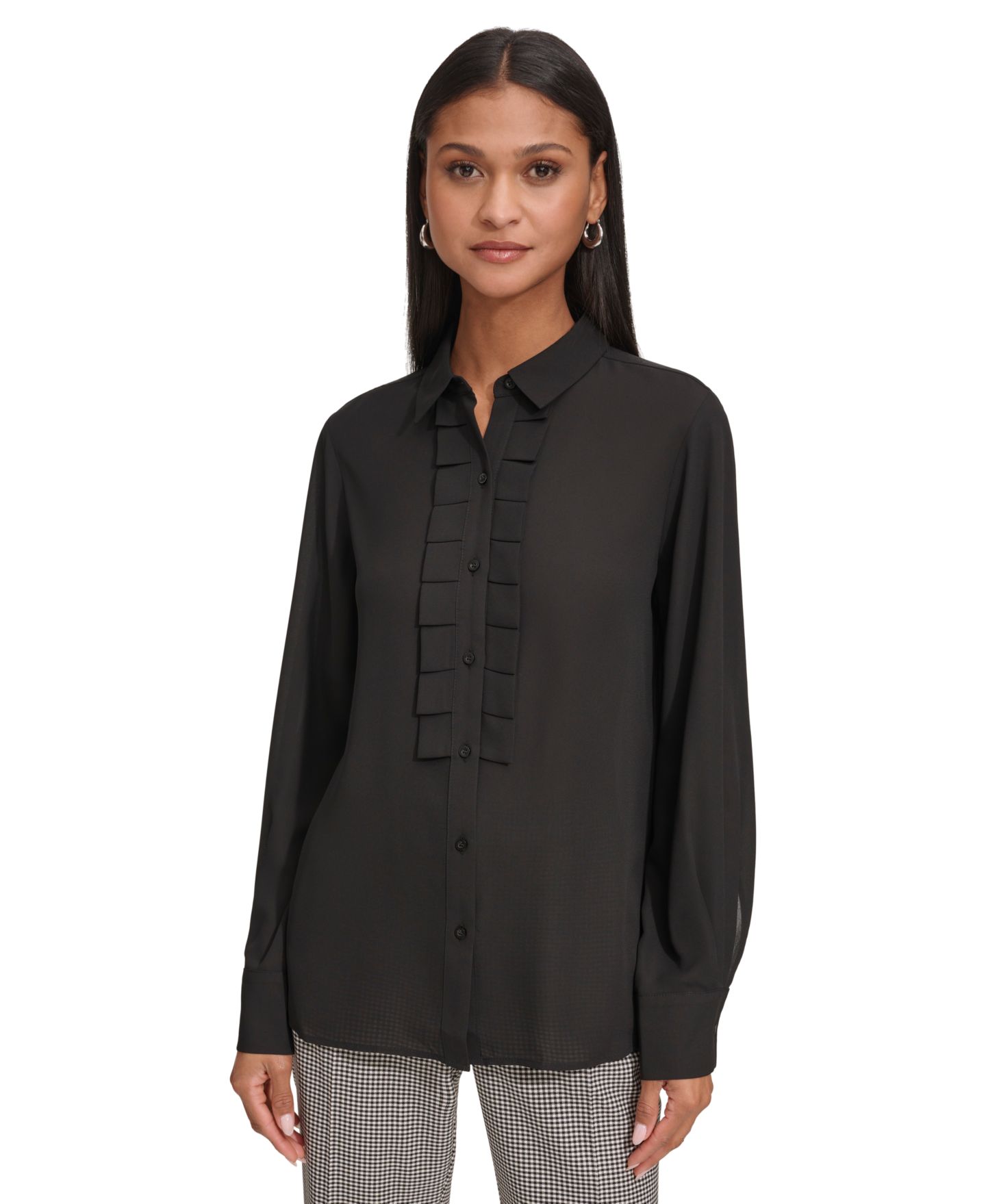 Женская блузка KARL LAGERFELD PARIS Petite Ruffled Blouse, цвет: Чёрный — фото 1