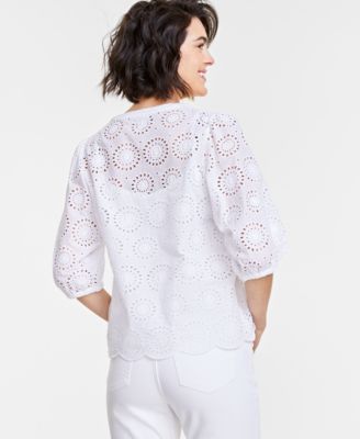 Women's Solid Eyelet Puff-Sleeve Blouse, Created for Macy's