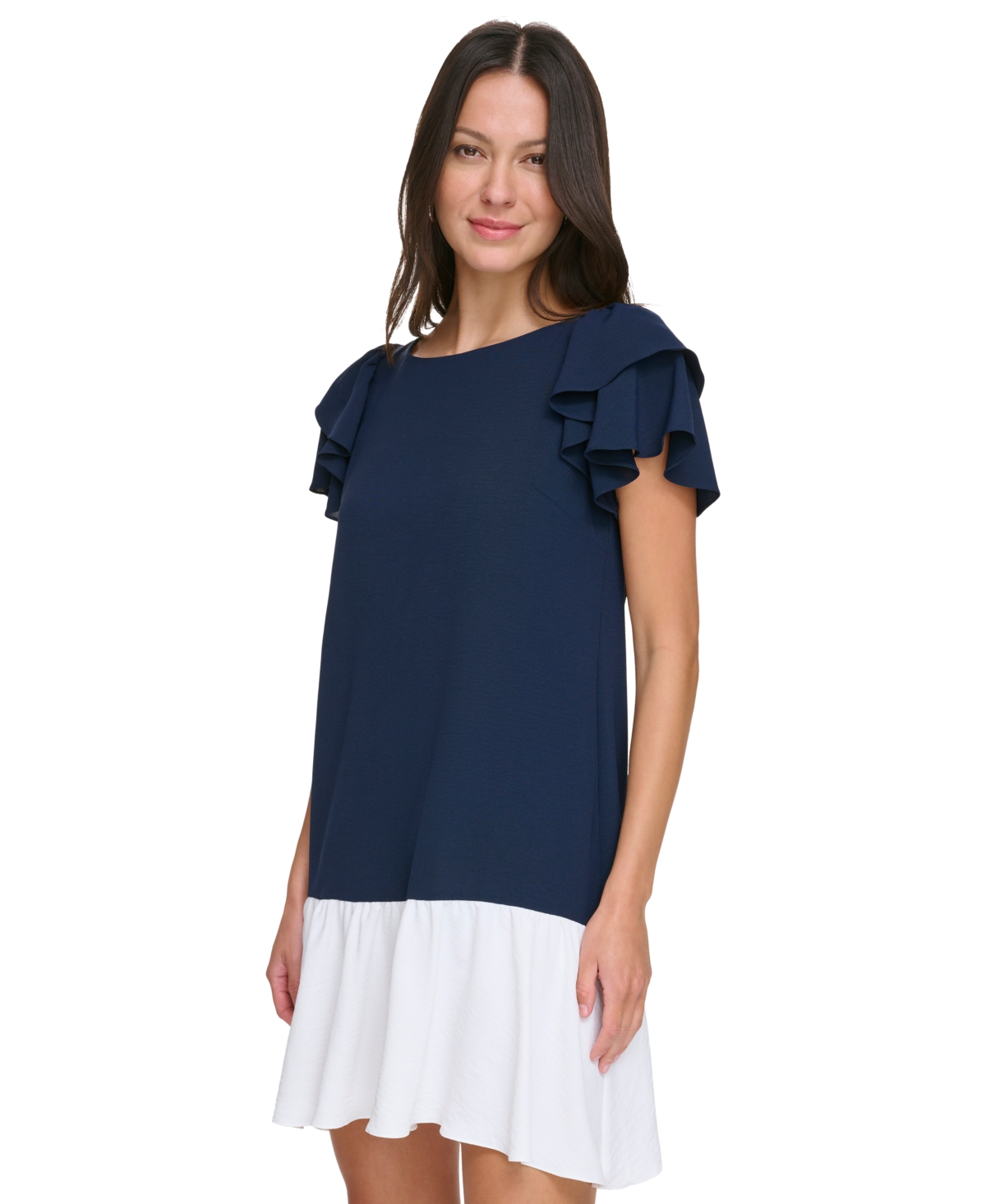 Shop Dkny Women's Colorblocked Flutter-sleeve Dress In Navy,cream