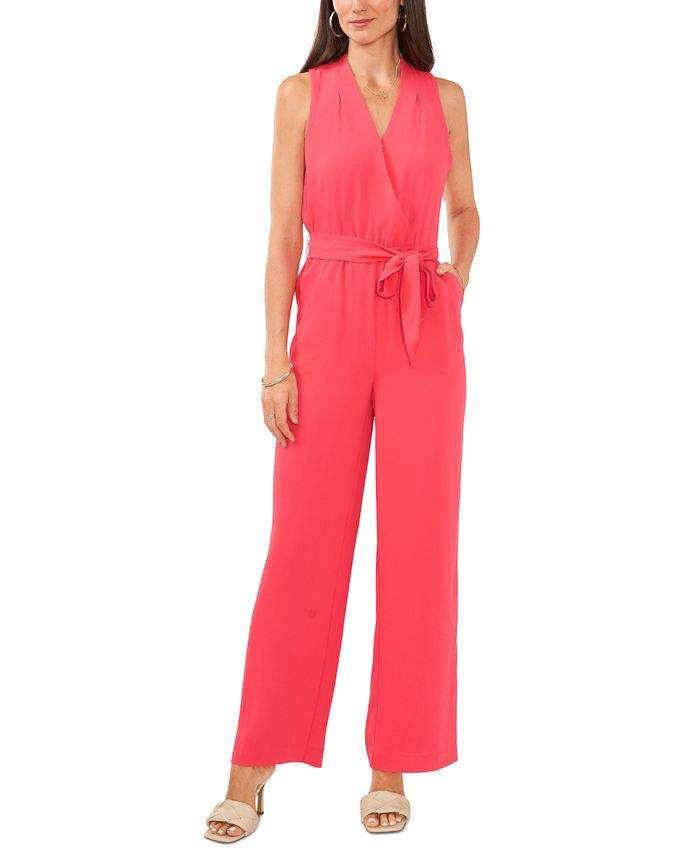 Vince Camuto Women's V-Neck Tie-Waist Sleeveless Jumpsuit - Macy's