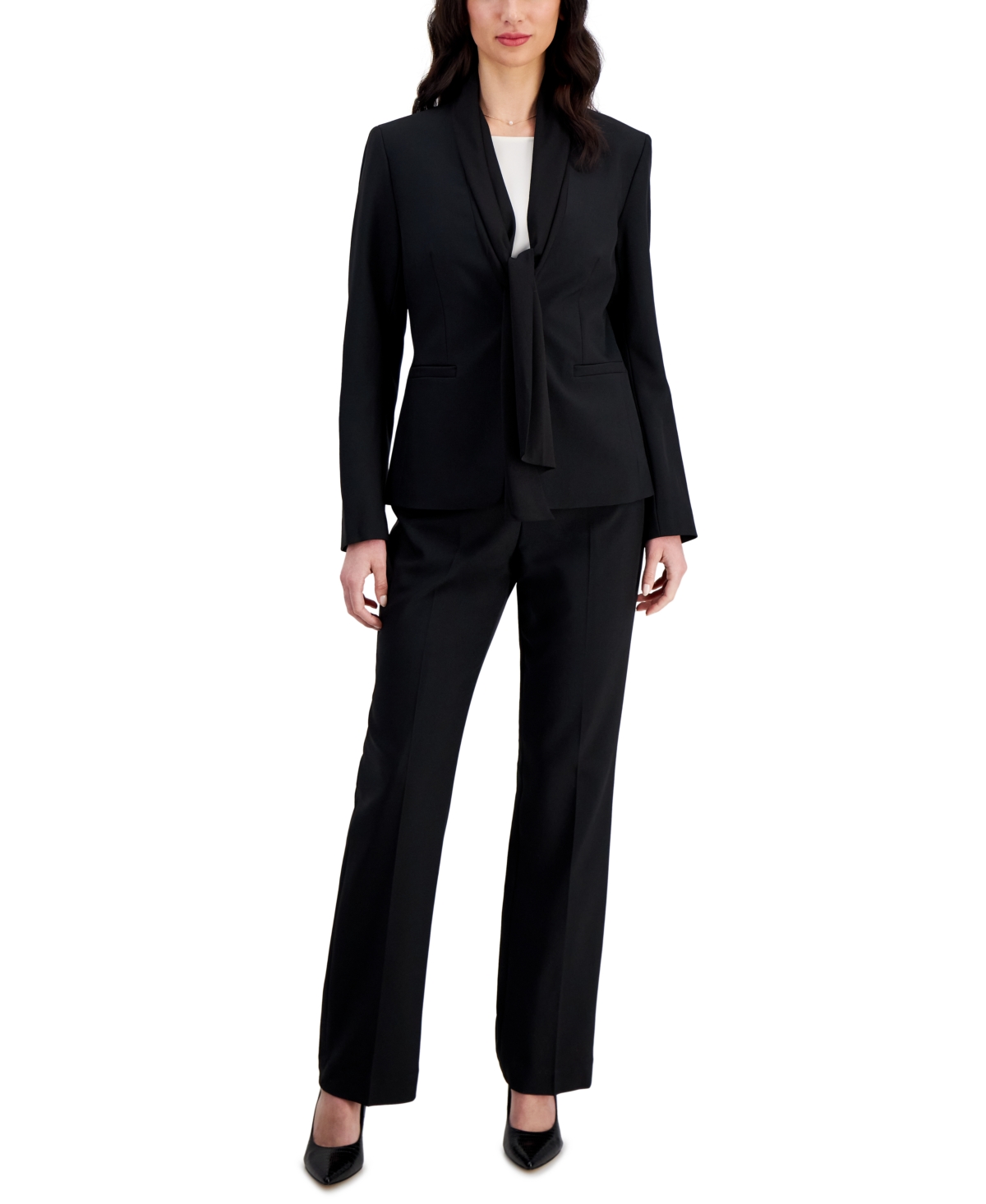 Women's Scarf-Collar Blazer & Side-Zip Pants, Regular & Petite - Black