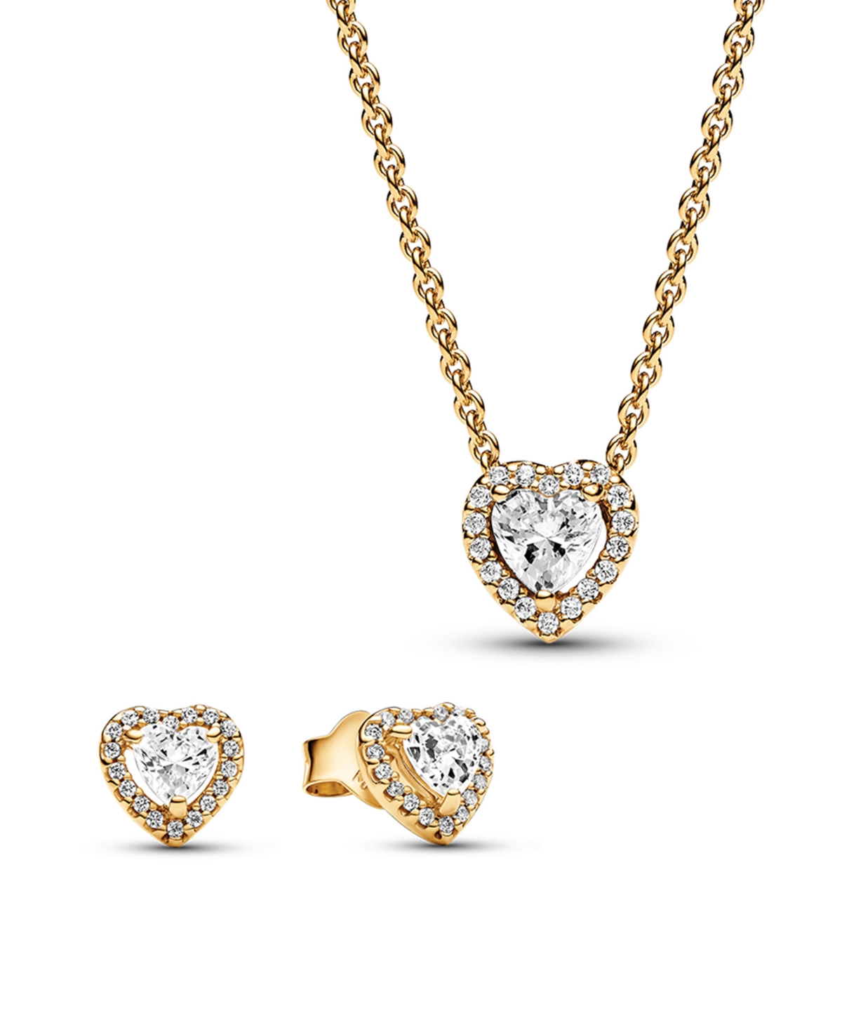 Sterling Silver Sparkling Cubic Zirconia Double Heart Halo Necklace and Stud Earrings Jewelry Gift Set - Gold
