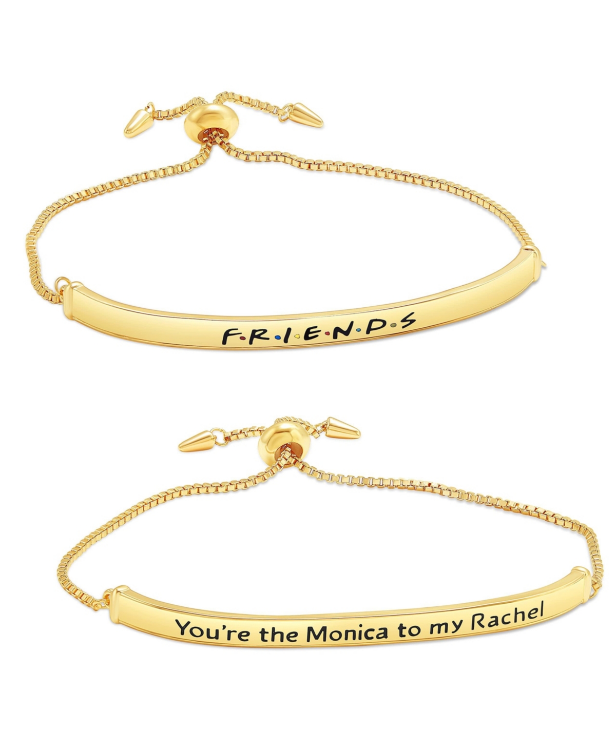 Tv Show Themed Gold Plated Bar Bracelets, Logo and You're the Monica to my Rachel - Set of 2 - Gold tone