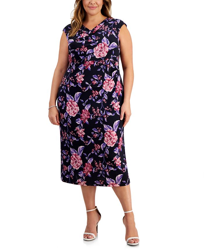Connected Plus Size Printed Cowlneck Midi Dress - Macy's