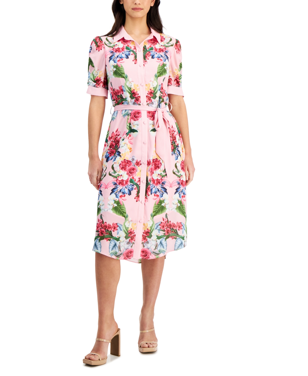 T Tahari Women's Belted Floral Midi Shirtdress In Placed Rose Print