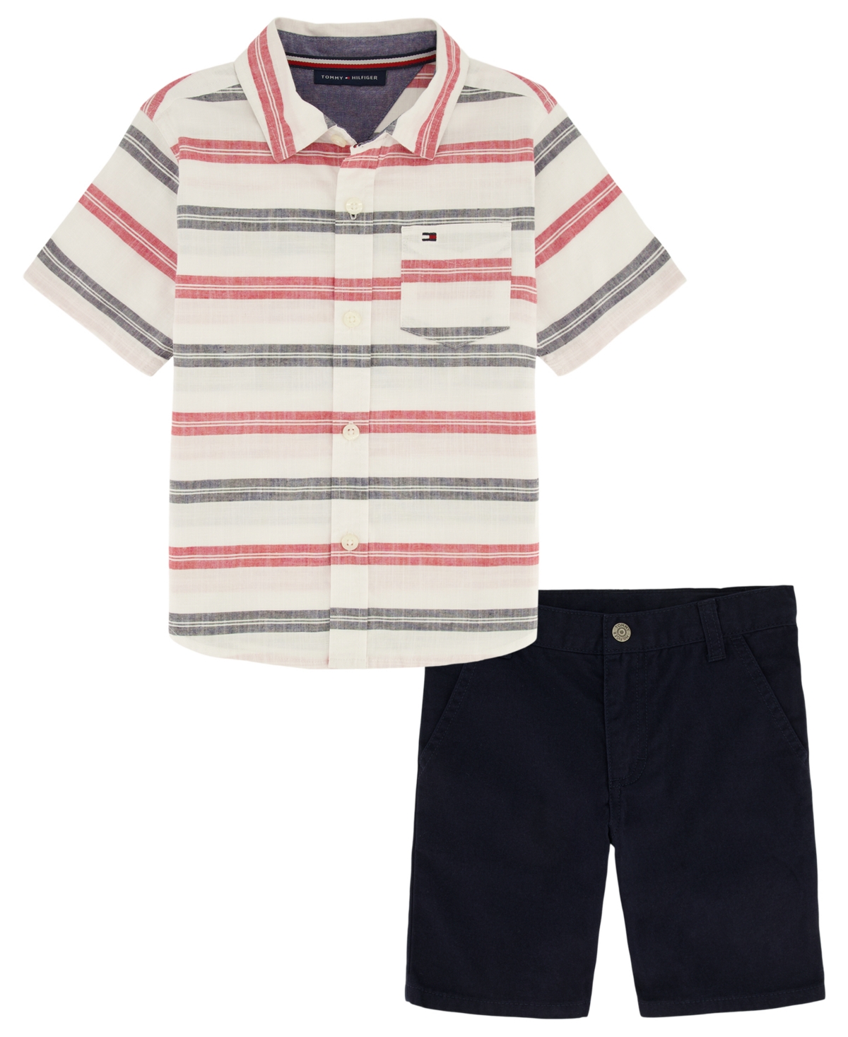 Shop Tommy Hilfiger Toddler Boys Prewashed Multi Stripe Short Sleeve Shirt And Twill Shorts, 2 Piece Set In Navy