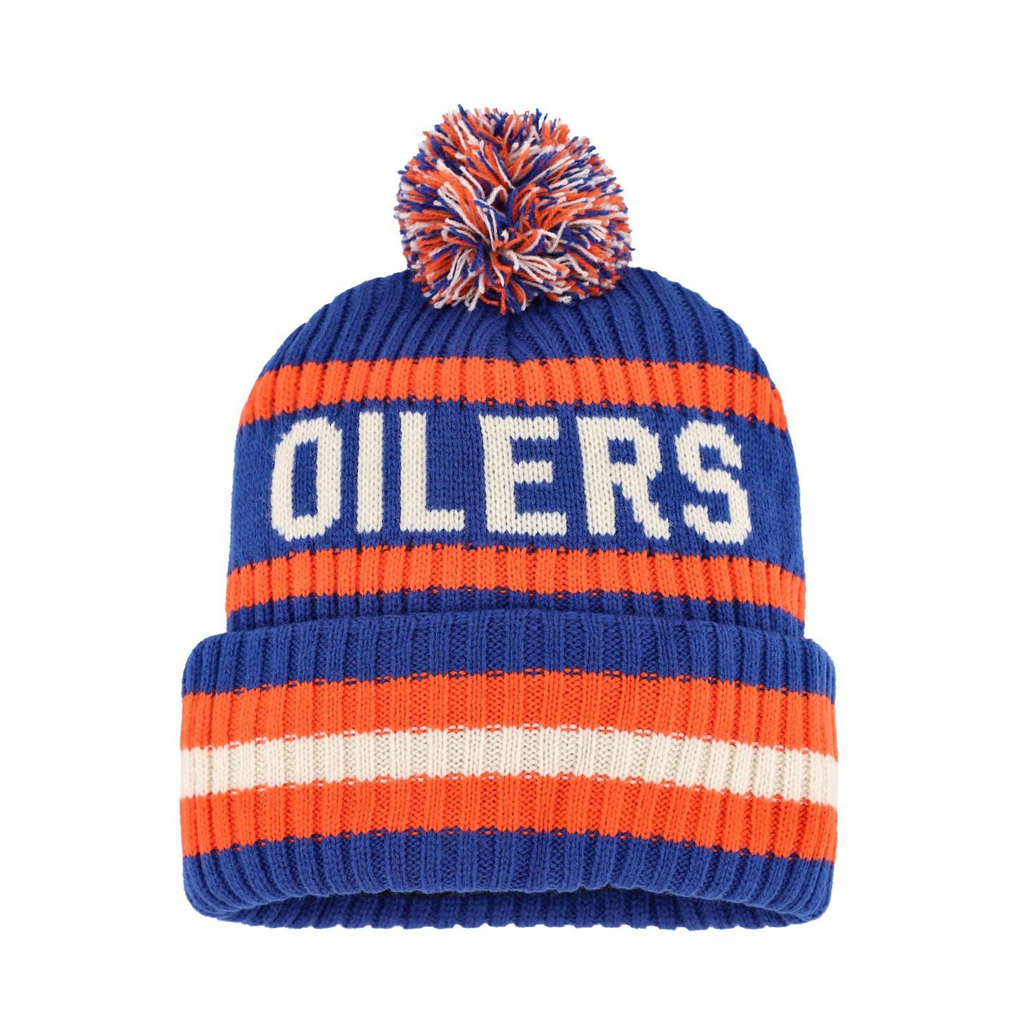 Мужская шапка '47 Brand Navy, Orange Edmonton Oilers Bering Cuffed Knit Hat with Pom — фото 2