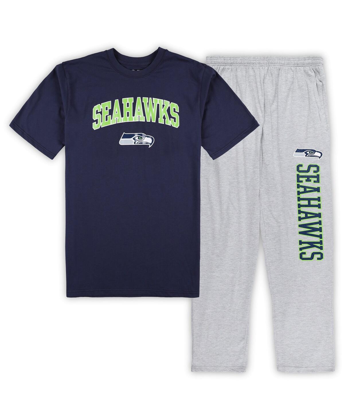 Men's Concepts Sport College Navy, Heather Gray Seattle Seahawks Big and Tall T-shirt and Pajama Pants Sleep Set - Navy, Heather Gray