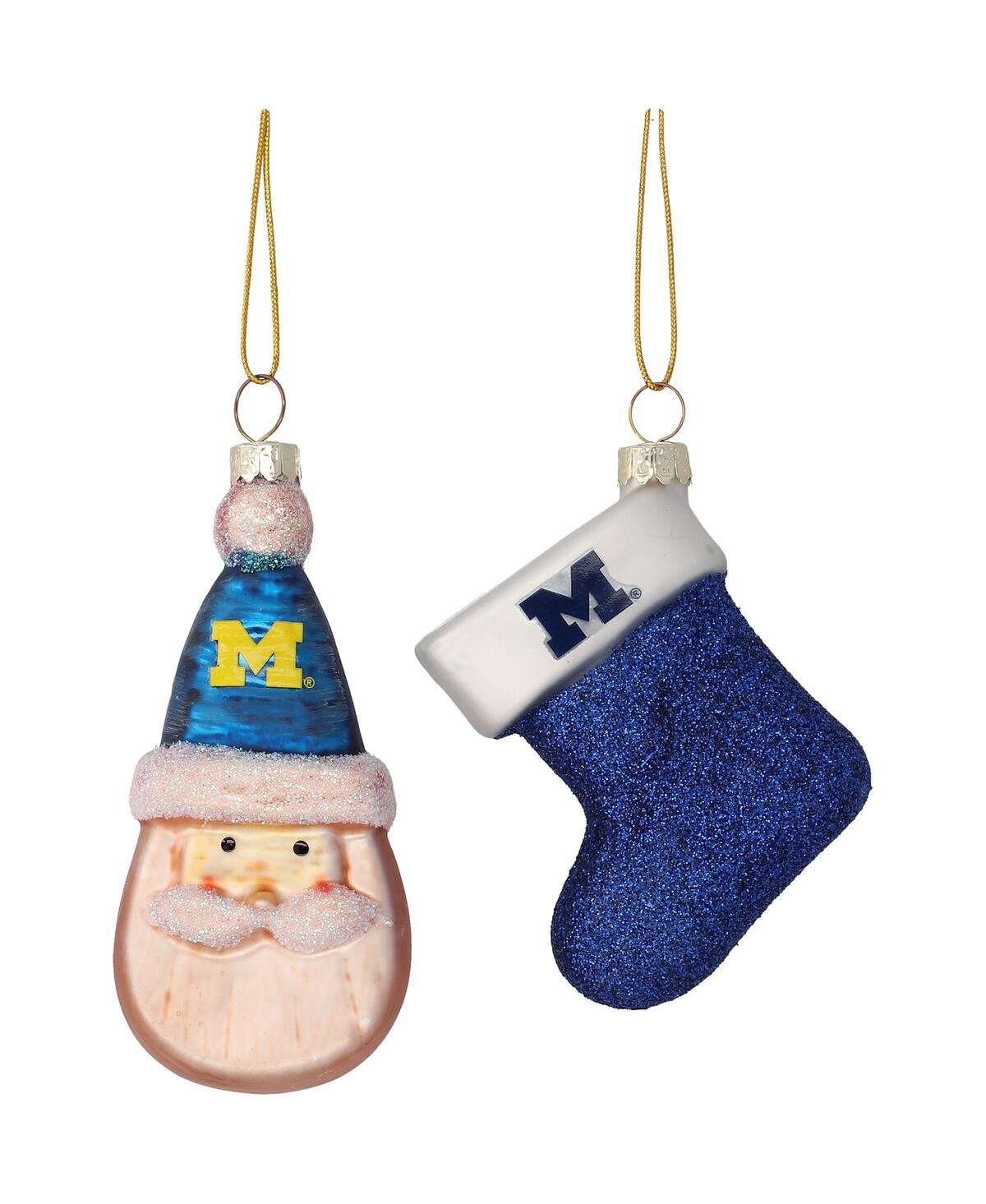 Michigan Wolverines Two-Pack Santa and Stocking Blown Glass Ornament Set - Multi