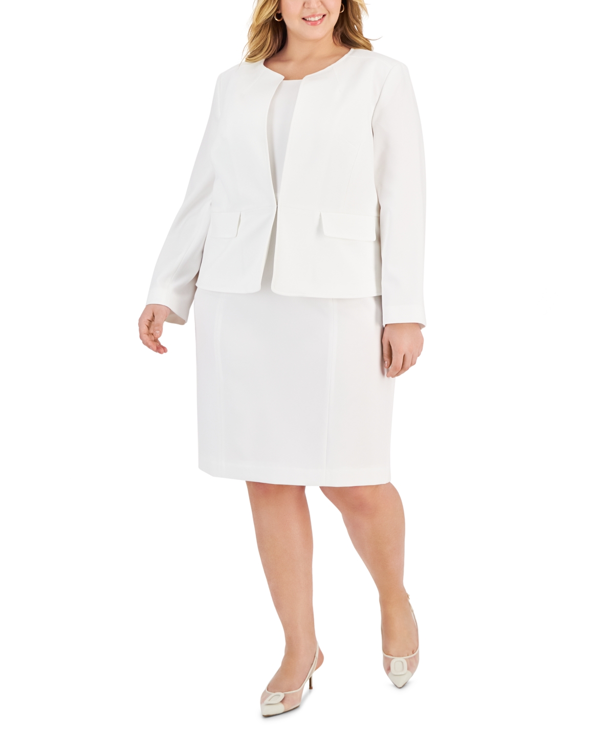 Le Suit Plus Size Cardigan Jacket & Sheath Dress In Natural White