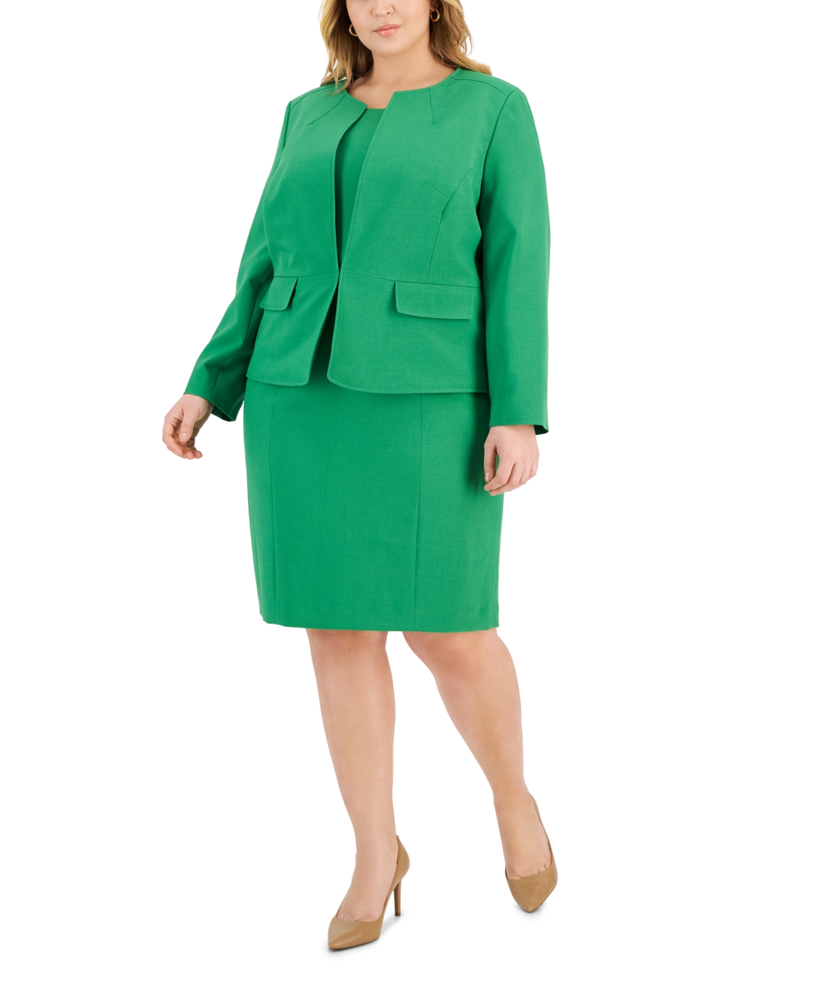 Le Suit Plus Size Cardigan Jacket & Sheath Dress In Verde