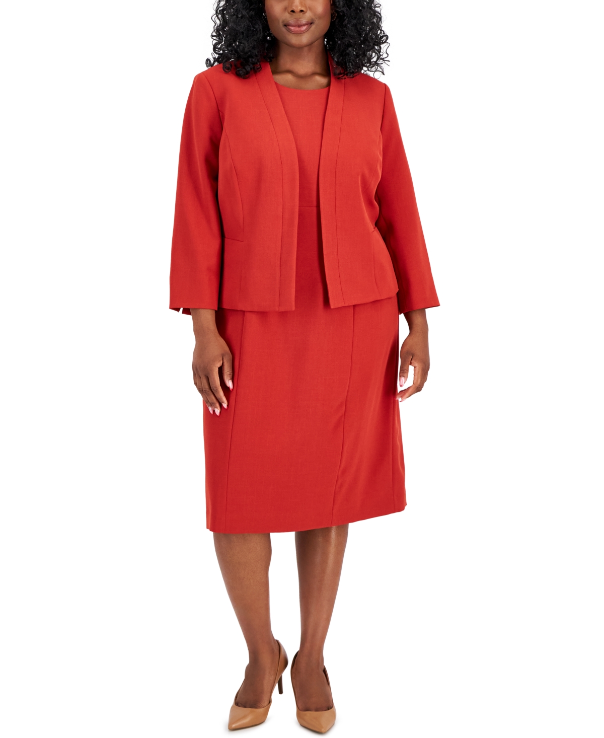 Le Suit Plus Size Crepe Open Front Jacket and Crewneck Sheath Dress Suit