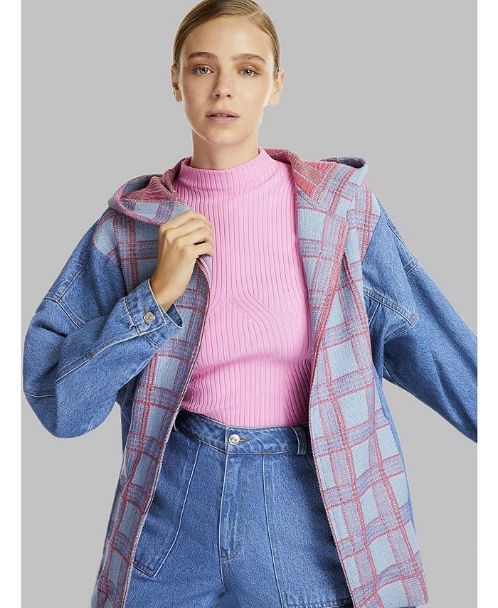 NOCTURNE Women's Hooded Plaid Jean Jacket Macy's