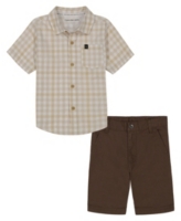 Calvin Klein Toddler Boys Plaid Short Sleeve Button-Up Shirt and Twill Shorts, 2 Piece Set - Brown