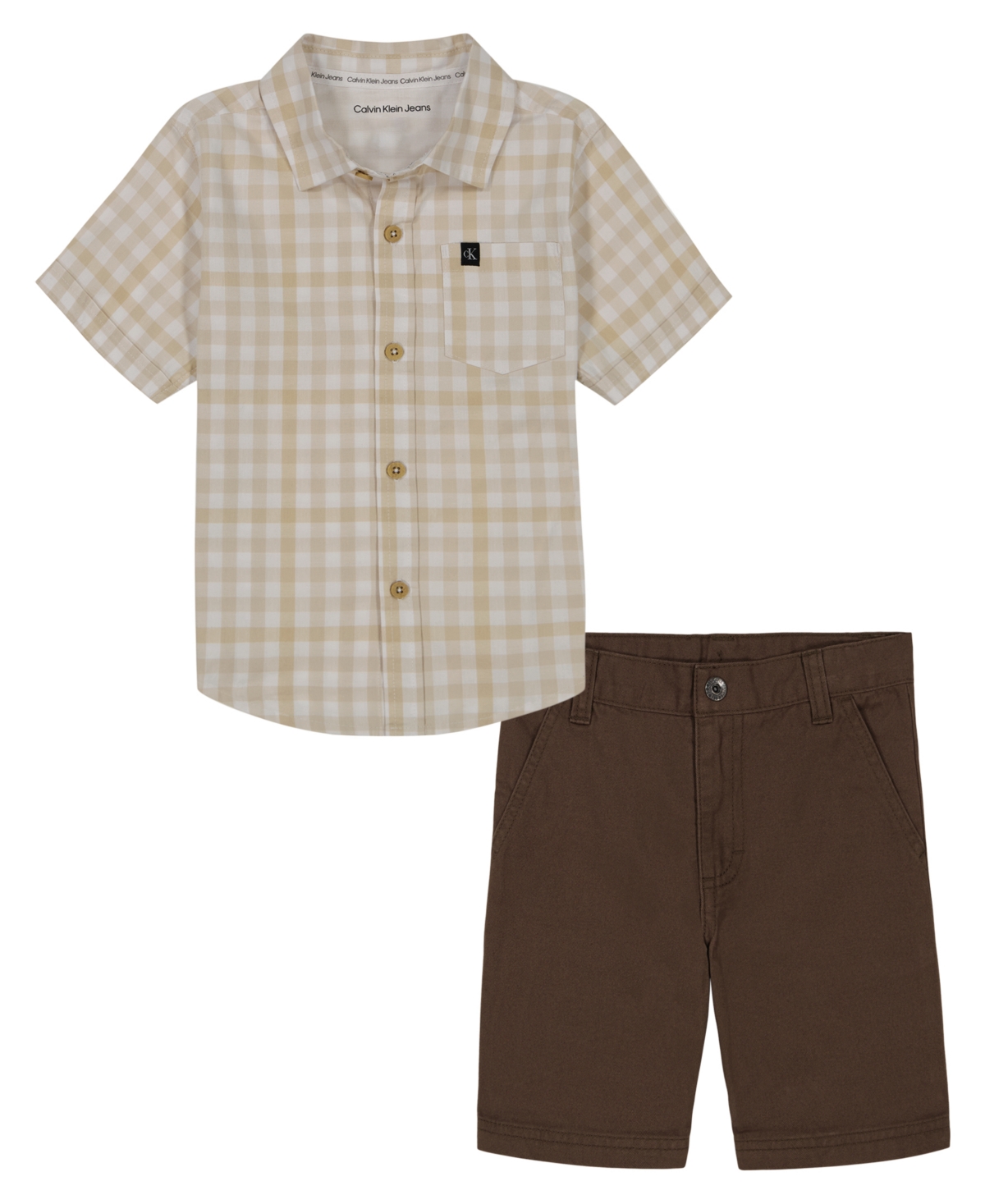 Shop Calvin Klein Toddler Boys Plaid Short Sleeve Button-up Shirt And Twill Shorts, 2 Piece Set In Brown