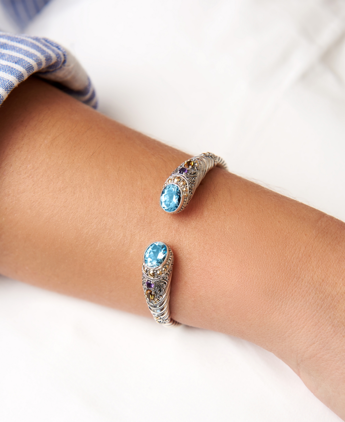  Amethyst, Citrine Bali Filigree Cuff Bracelet in Sterling Silver and 18K Gold - Blue topaz