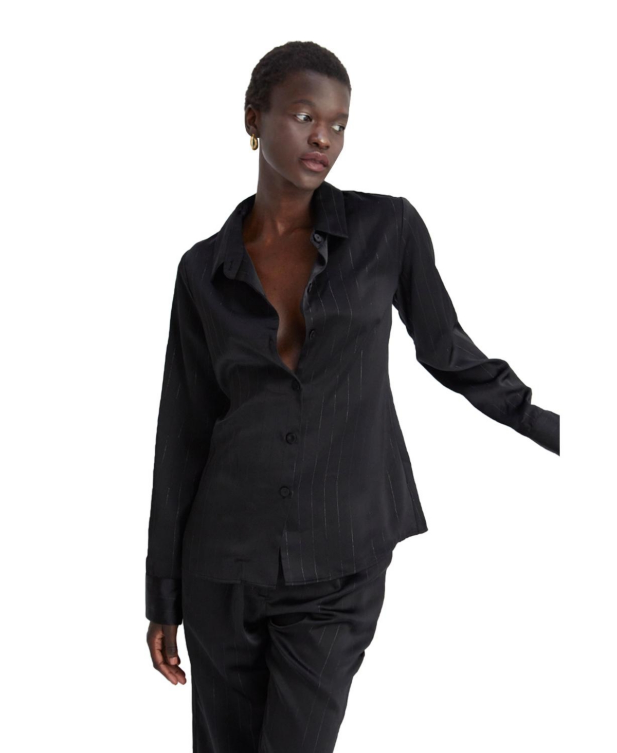 Women's Maurice Satin Lurex Pinstripe Button Up Top - Black