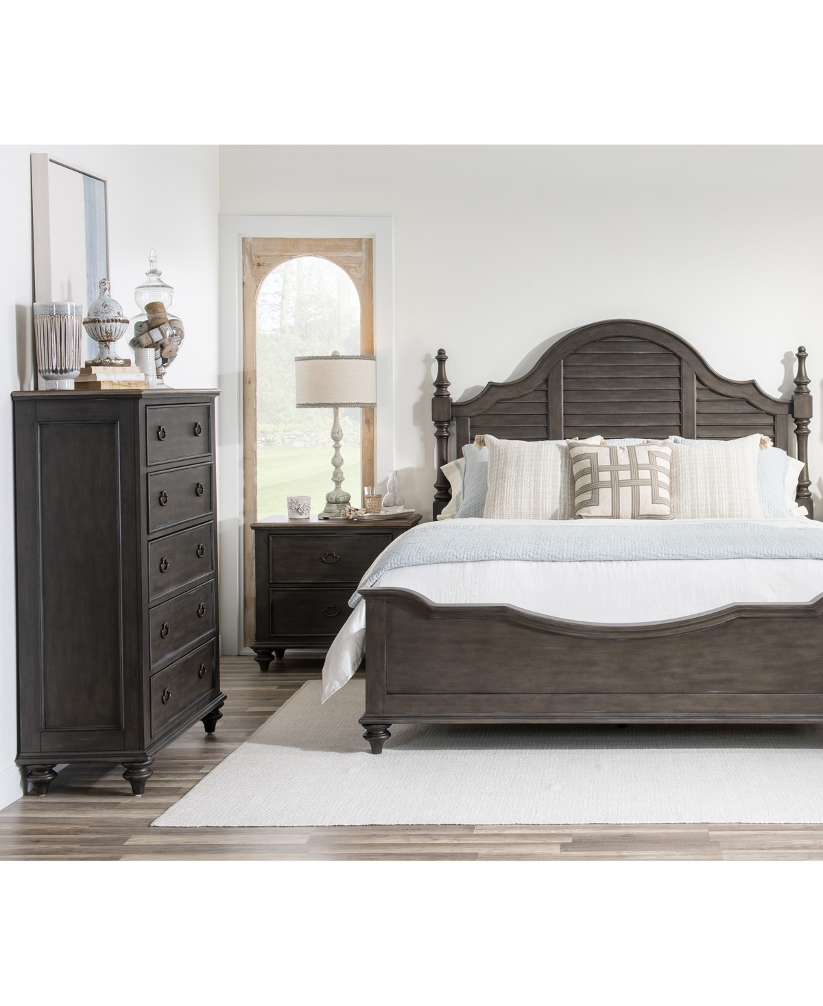 Shop Macy's Mandeville 3pc Bedroom Set (louvered King Bed + Drawer Chest + 2-drawer Nightstand) In Brown
