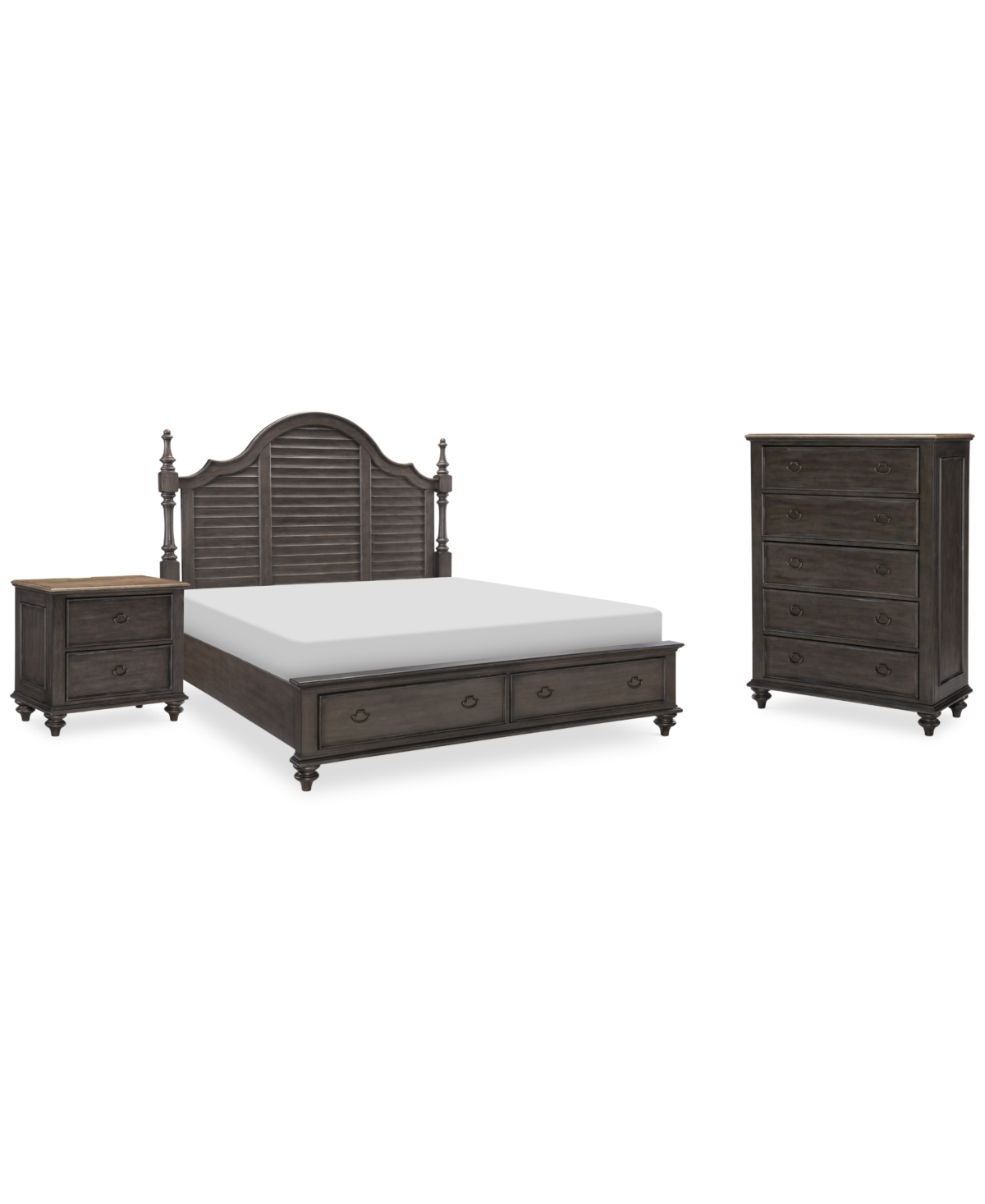 Mandeville 3pc Bedroom Set (Louvered California King Storage Bed + Drawer Chest -Drawer Nightstand