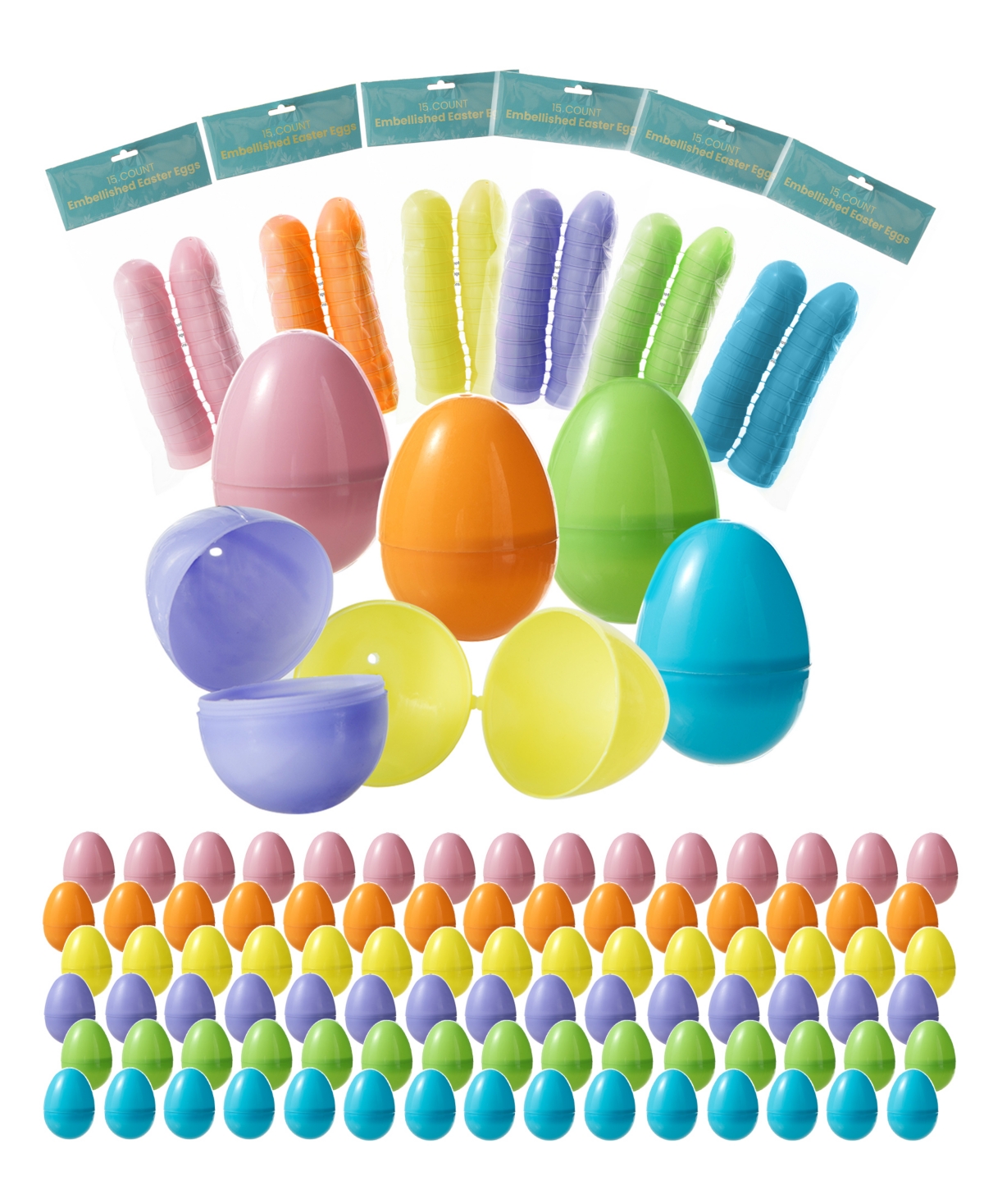 90 Pack 2.25" H Easter Plastic Fillable Eggs in 6 Colors, 15 of Each - Multi