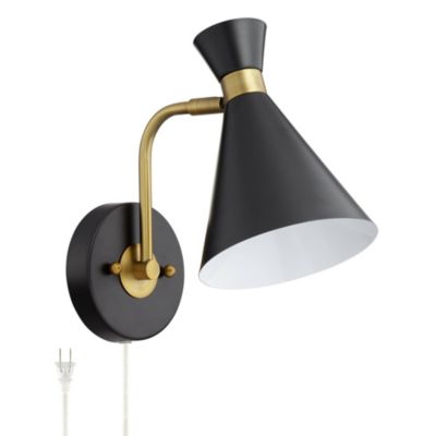 Venice Mid Century Modern Wall Lamp Matte Black Brass Plug-in 6 1/4" Light Fixture Adjustable Metal Cone Shade for Bedroom Living Room