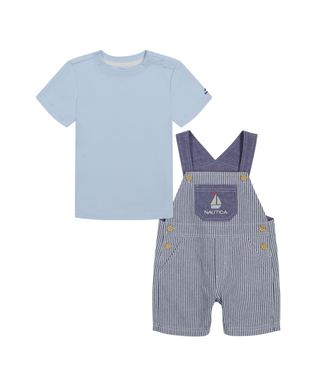 Shop Nautica Baby Boys Short Sleeve T-shirt And Oxford Stripe Shortalls, 2 Piece Set In Blue
